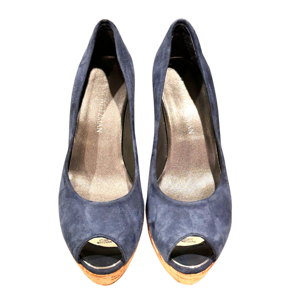 Stuart Weitzman Navy Suede Cork Peep-Toe Wedges - Picture 1 of 8